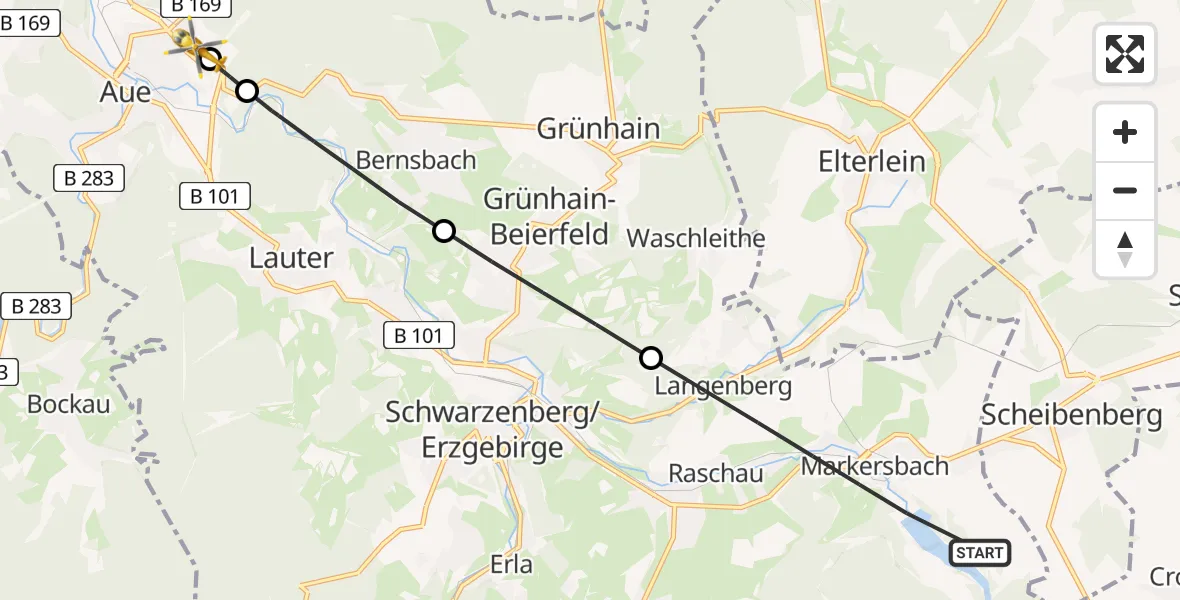 Flugroute Rettungshubschrauber Raschau-Markersbach - Helios Clinic Aue, 31 Juli 2026, 11:43
