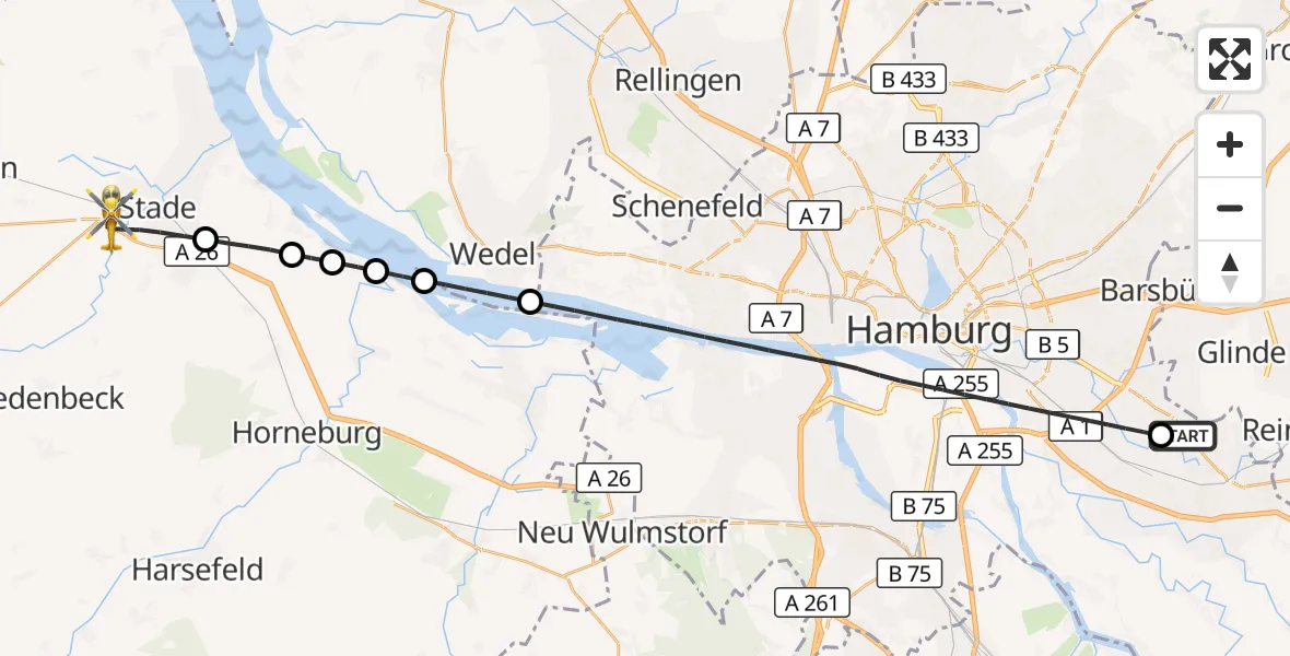 Flugroute Ambulanzhubschrauber Christoph Hansa ADAC Hubschrauberlandeplatz - Stade, 31 Juli 2026, 11:48