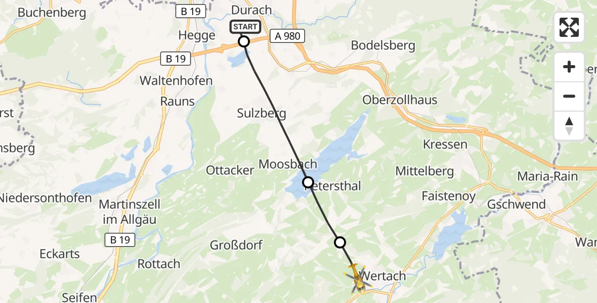 Flugroute Rettungshubschrauber Kempten-Durach Flugplatz - Wertach, 31 Juli 2026, 11:52