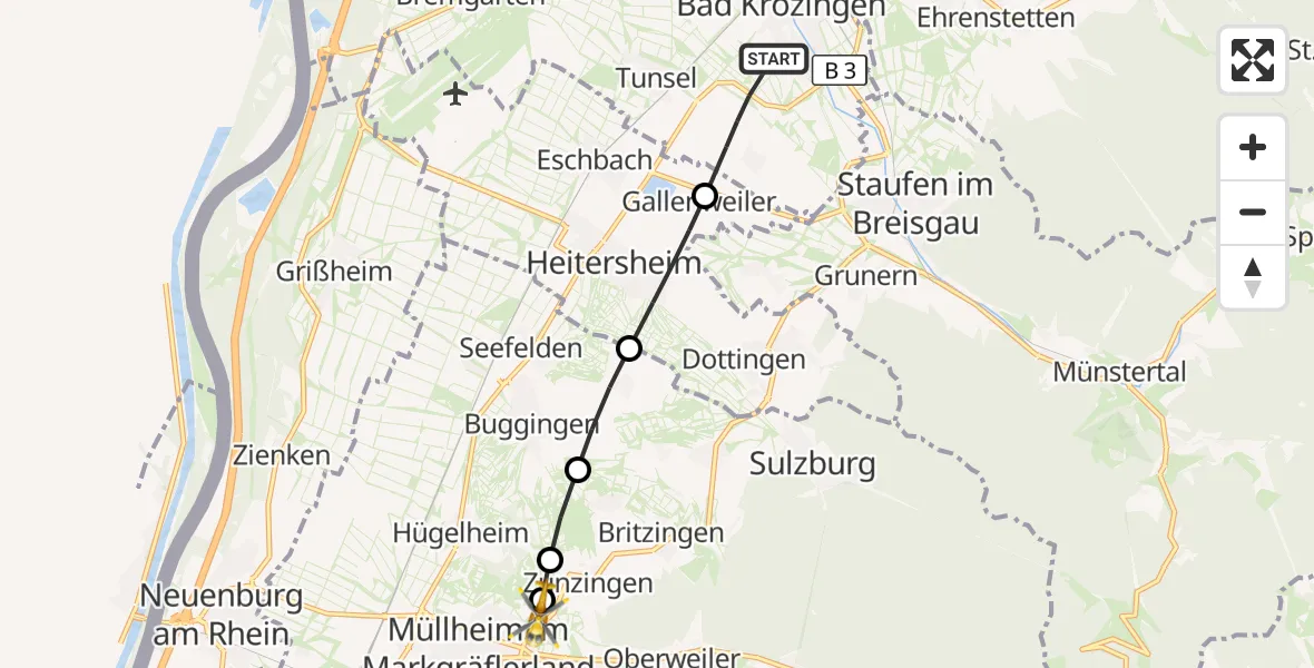 Flugroute Ambulanzhubschrauber Bad Krozingen - Müllheim im Markgräflerland, 31 Juli 2026, 11:53