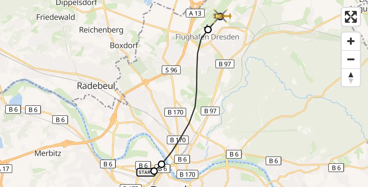 Flugroute Rettungshubschrauber Dresden Friedrichstadt Hospital - Dresden Bundespolizei Hubschrauberlandeplatz, 31 Juli 2026, 11:55
