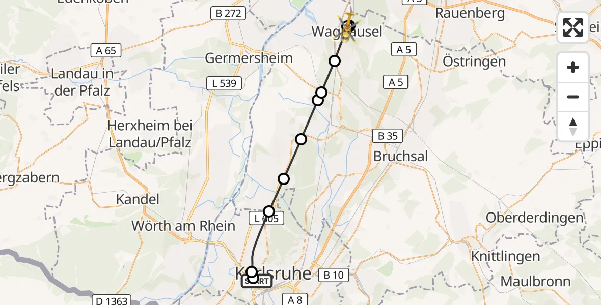 Flugroute Ambulanzhubschrauber Sankt Vincentius Hospital - Waghäusel, 31 Juli 2026, 12:00