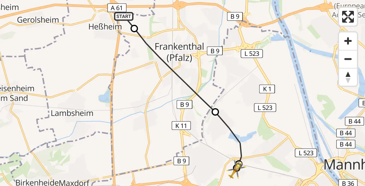 Flugroute Rettungshubschrauber Beindersheim - Ludwigshafen Accident Hospital, 31 Juli 2026, 12:07