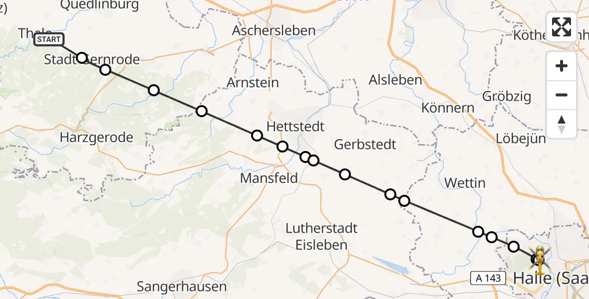 Flugroute Rettungshubschrauber Thale - Halle (Saale) University Hospital, 31 Juli 2026, 12:27