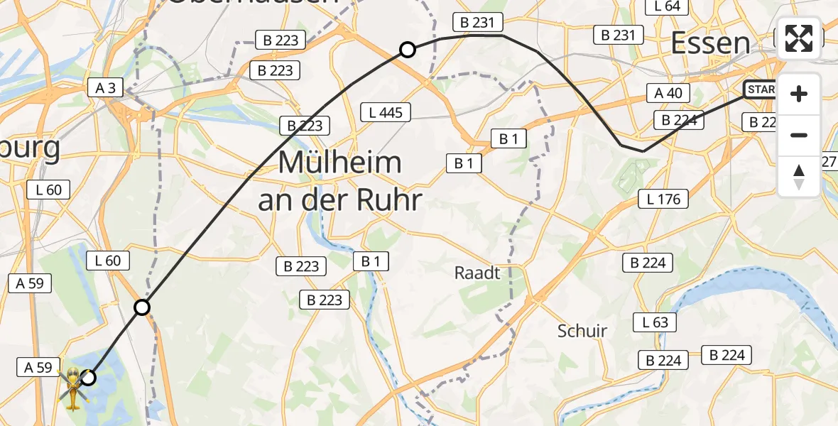Flugroute Rettungshubschrauber Essen - Duisburg Air Rescue Hubschrauberlandeplatz (Christoph 9), 31 Juli 2026, 12:27