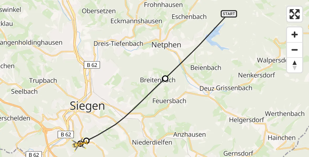 Flugroute Rettungshubschrauber Netphen - Evangelisches Jung-Stilling Hospital, 31 Juli 2026, 12:27