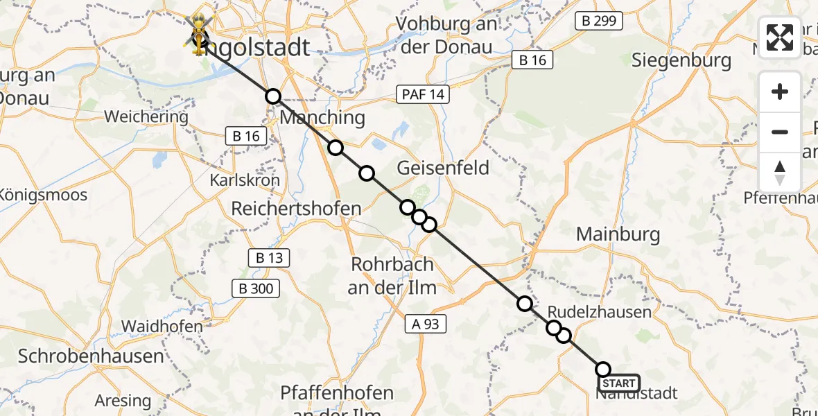 Flugroute Rettungshubschrauber Nandlstadt - Ingolstadt Hospital, 31 Juli 2026, 12:31