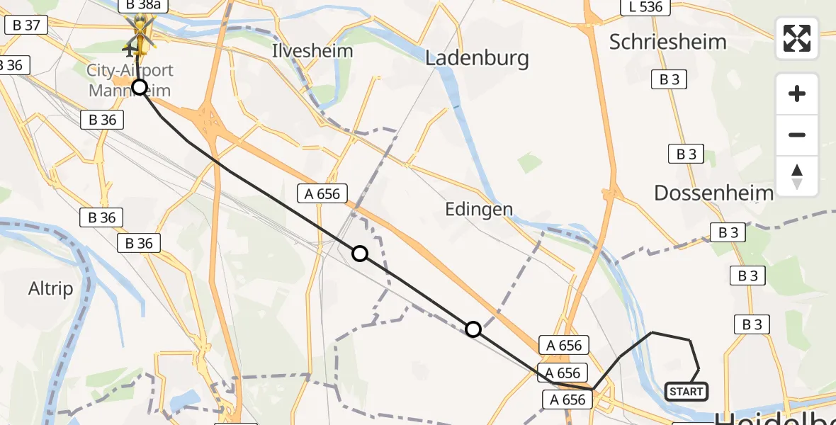 Flugroute Rettungshubschrauber Heidelberg - Mannheim-City Flughafen, 31 Juli 2026, 12:31