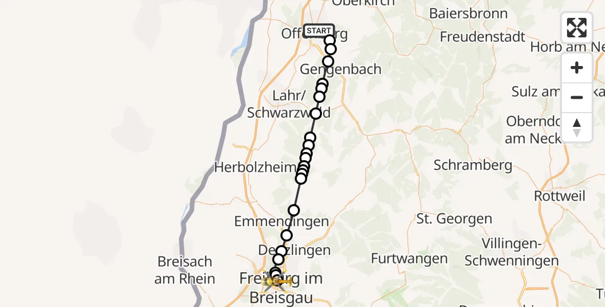 Flugroute Rettungshubschrauber Offenburg - Freiburg University Hospital Heliport 1, 31 Juli 2026, 12:33