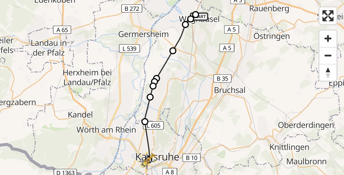 Flugroute Ambulanzhubschrauber Waghäusel - Sankt Vincentius Hospital, 31 Juli 2026, 12:44