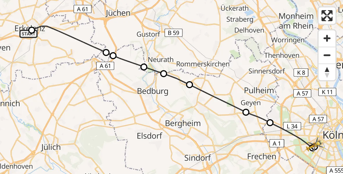 Flugroute Ambulanzhubschrauber Hermann-Josef Hospital Erkelenz - Köln University Hospital, 31 Juli 2026, 12:45