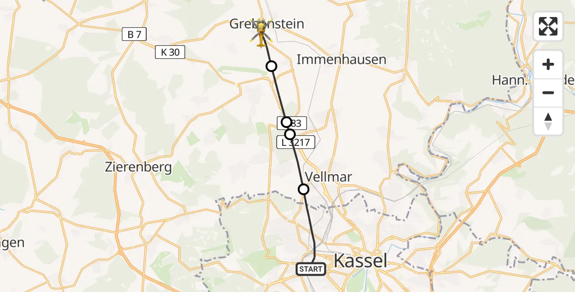 Flugroute Rettungshubschrauber Kassel - Grebenstein, 31 Juli 2026, 12:48