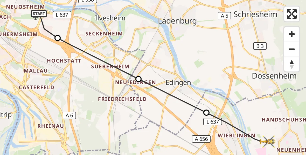 Flugroute Rettungshubschrauber Mannheim-City Flughafen - Heidelberg, 31 Juli 2026, 12:51