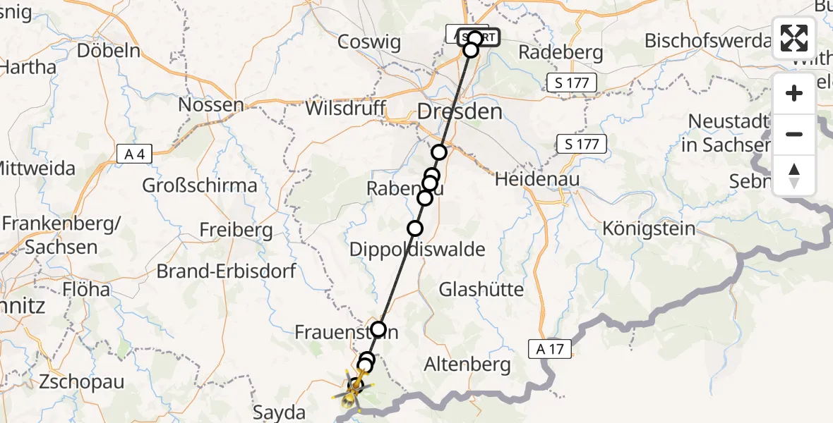 Flugroute Rettungshubschrauber Dresden Bundespolizei Hubschrauberlandeplatz - Rechenberg-Bienenmühle, 31 Juli 2026, 12:55