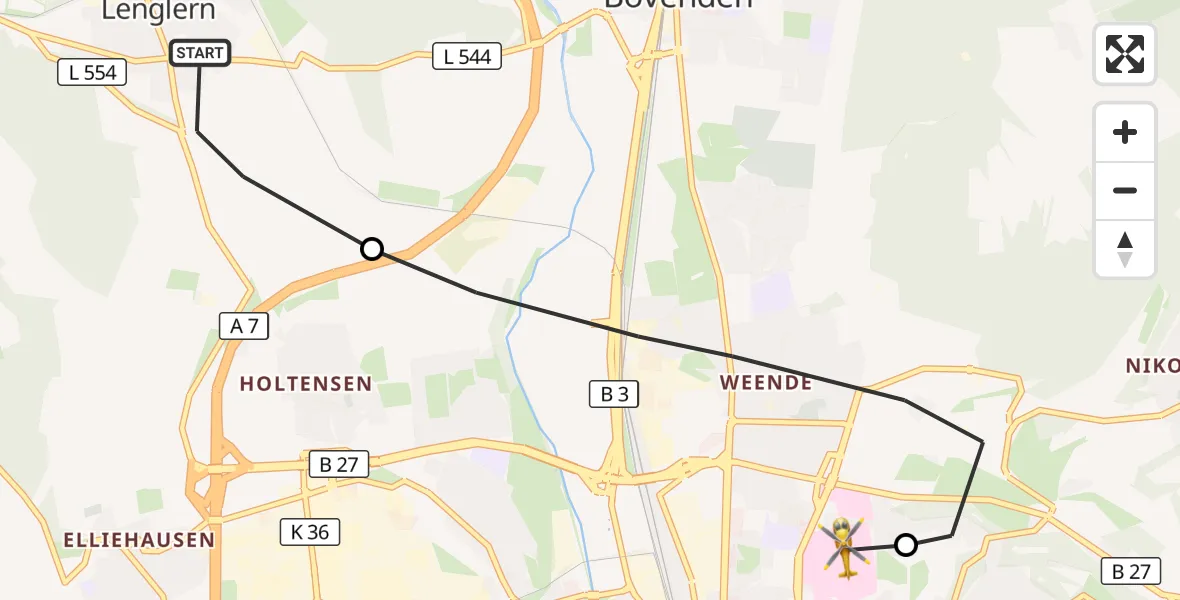 Flugroute Rettungshubschrauber Bovenden - Göttingen University Clinic Hubschrauberlandeplatz, 31 Juli 2026, 12:56