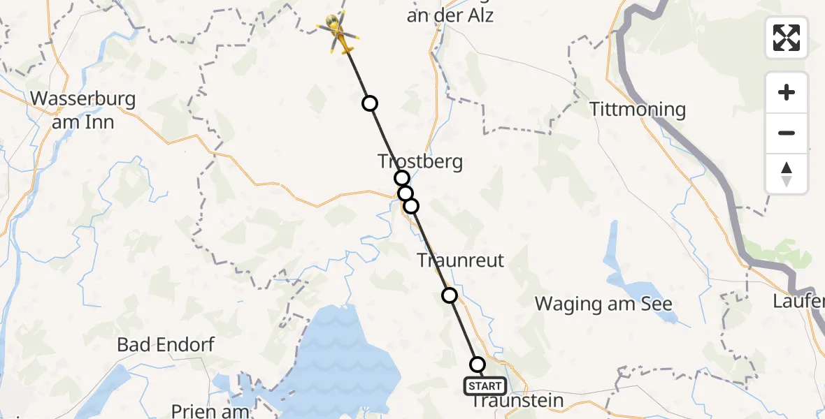 Flugroute Rettungshubschrauber Traunstein - Tacherting, 31 Juli 2026, 12:58
