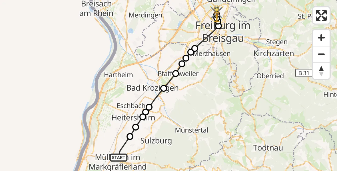 Flugroute Ambulanzhubschrauber Müllheim im Markgräflerland - Freiburg im Breisgau Flugplatz, 31 Juli 2026, 13:02