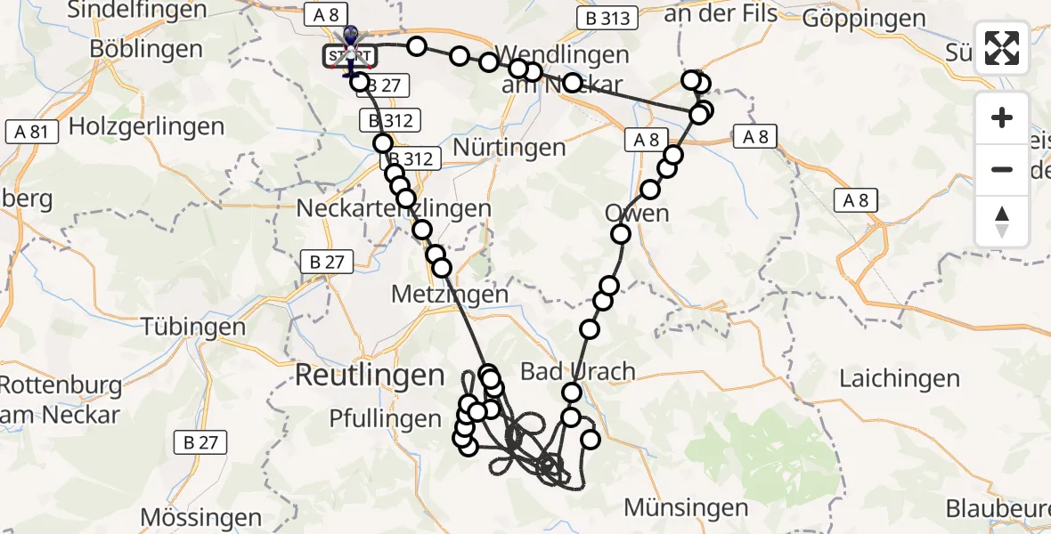 Flugroute Polizeihubschrauber Flughafen Stuttgart - Flughafen Stuttgart, 31 Juli 2026, 13:03