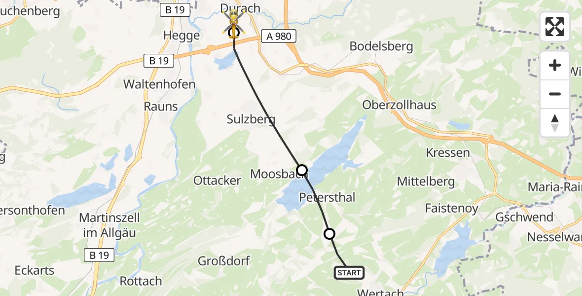 Flugroute Rettungshubschrauber Wertach - Kempten-Durach Flugplatz, 31 Juli 2026, 13:11