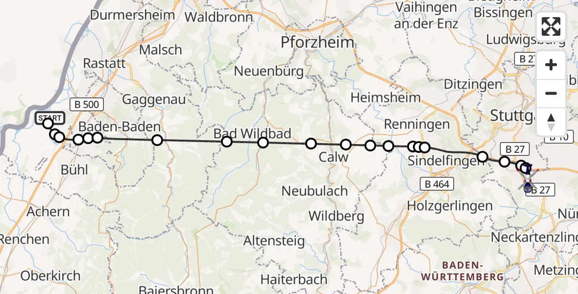 Flugroute Polizeihubschrauber Karlsruhe Baden-Baden Flughafen - Flughafen Stuttgart, 31 Juli 2026, 13:15