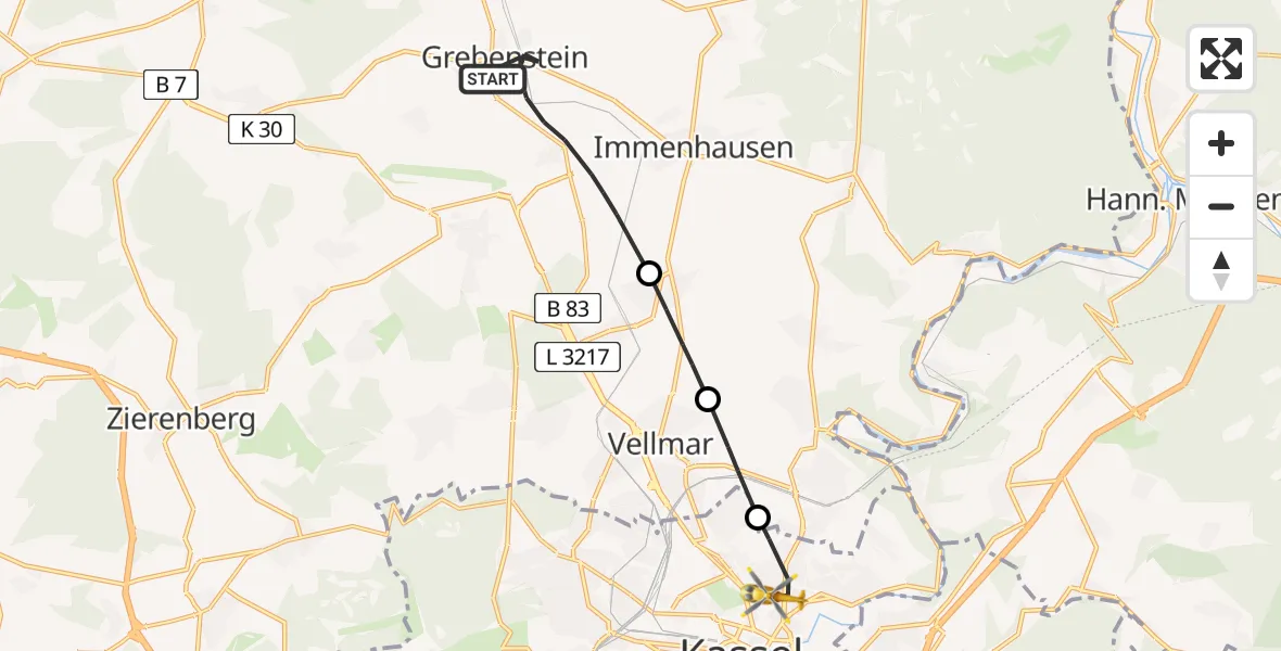 Flugroute Rettungshubschrauber Grebenstein - Kassel, 31 Juli 2026, 13:15