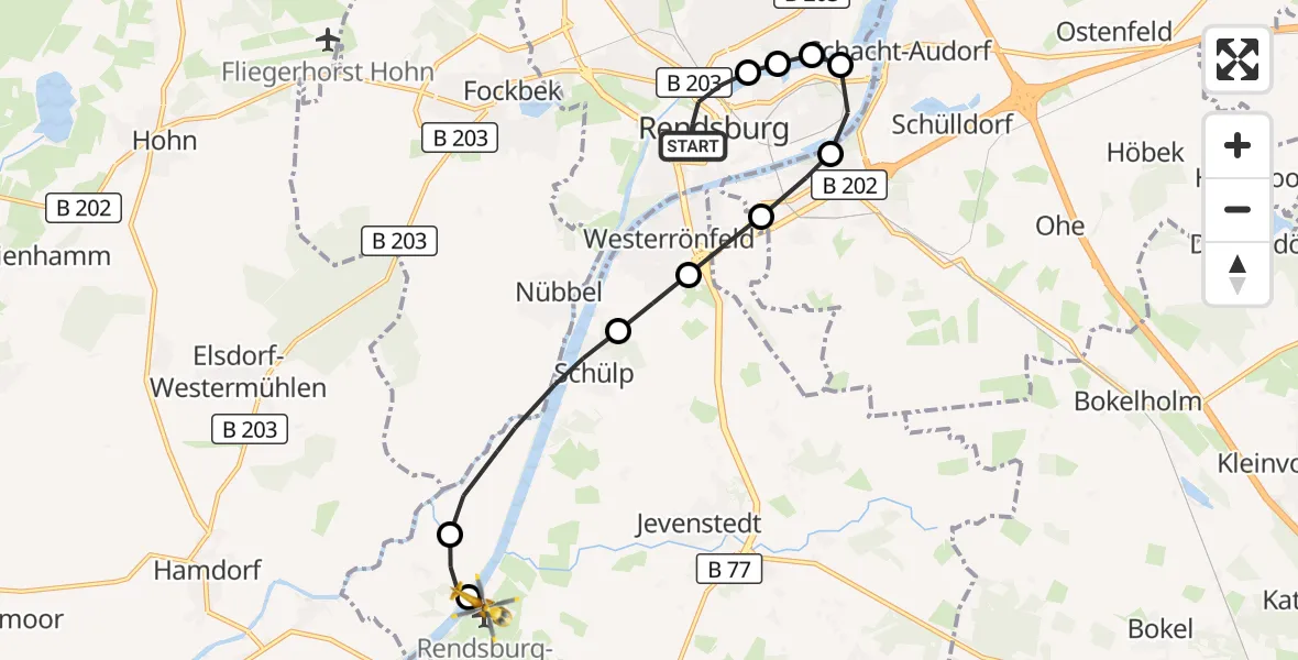 Flugroute Ambulanzhubschrauber Rendsburg - Rendsburg-Schachtholm Flugplatz, 31 Juli 2026, 13:22