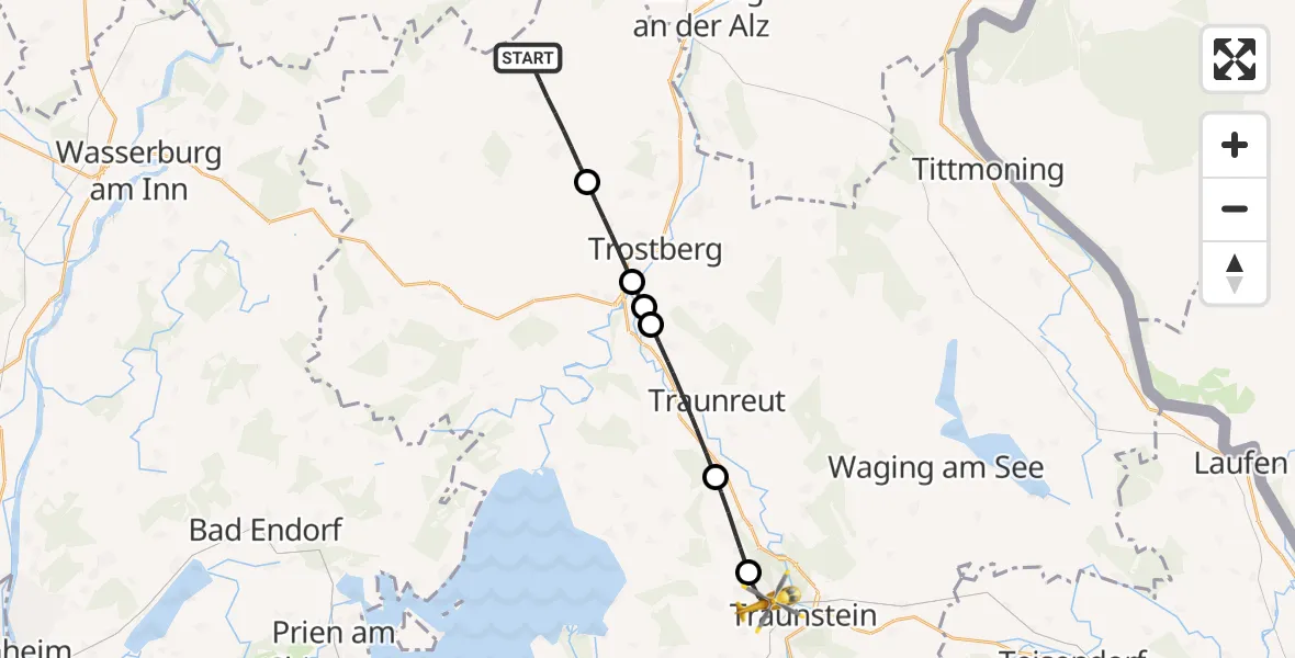 Flugroute Rettungshubschrauber Tacherting - Traunstein Krankenhaus Hubschrauberlandeplatz, 31 Juli 2026, 13:38