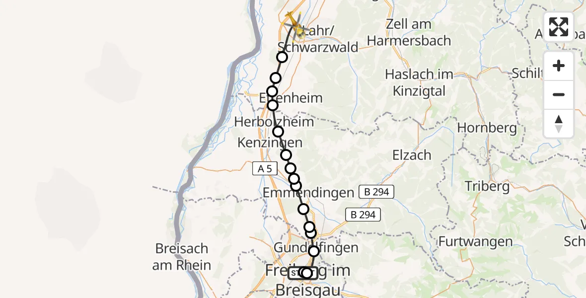 Flugroute Rettungshubschrauber Freiburg University Hospital Heliport 1 - Lahr Flughafen, 31 Juli 2026, 13:38
