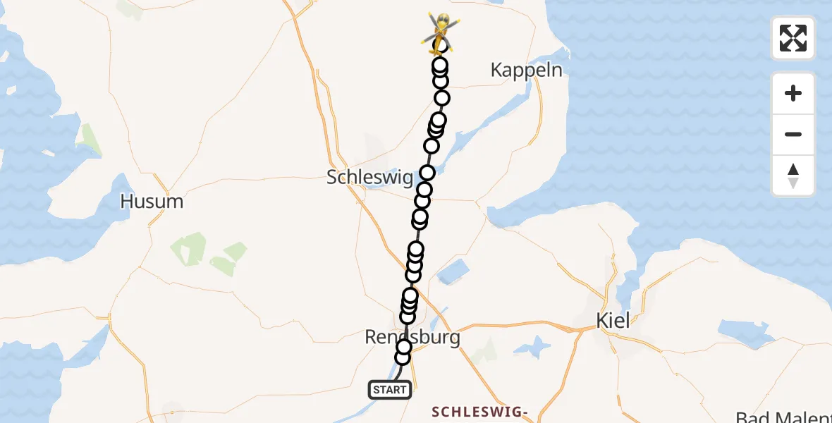 Flugroute Ambulanzhubschrauber Schülp b.Rendsburg - Ahneby, 31 Juli 2026, 13:40