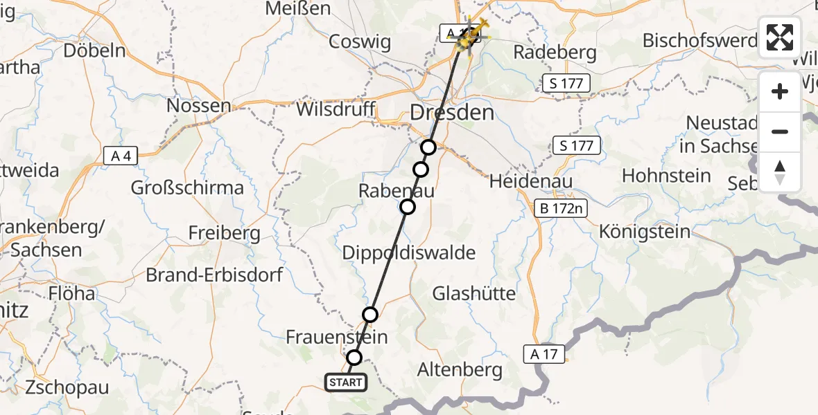 Flugroute Rettungshubschrauber Frauenstein - Dresden Bundespolizei Hubschrauberlandeplatz, 31 Juli 2026, 13:40