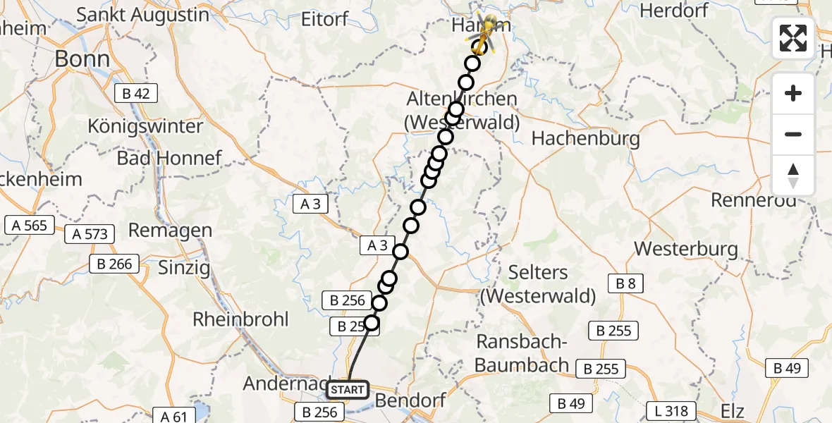 Flugroute Rettungshubschrauber Neuwied - Hamm (Sieg), 31 Juli 2026, 13:41