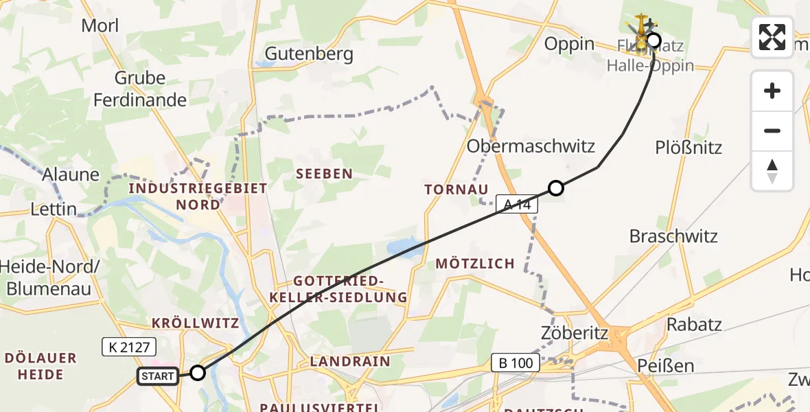 Flugroute Rettungshubschrauber Halle (Saale) University Hospital - Halle-Oppin Flugplatz, 31 Juli 2026, 13:42
