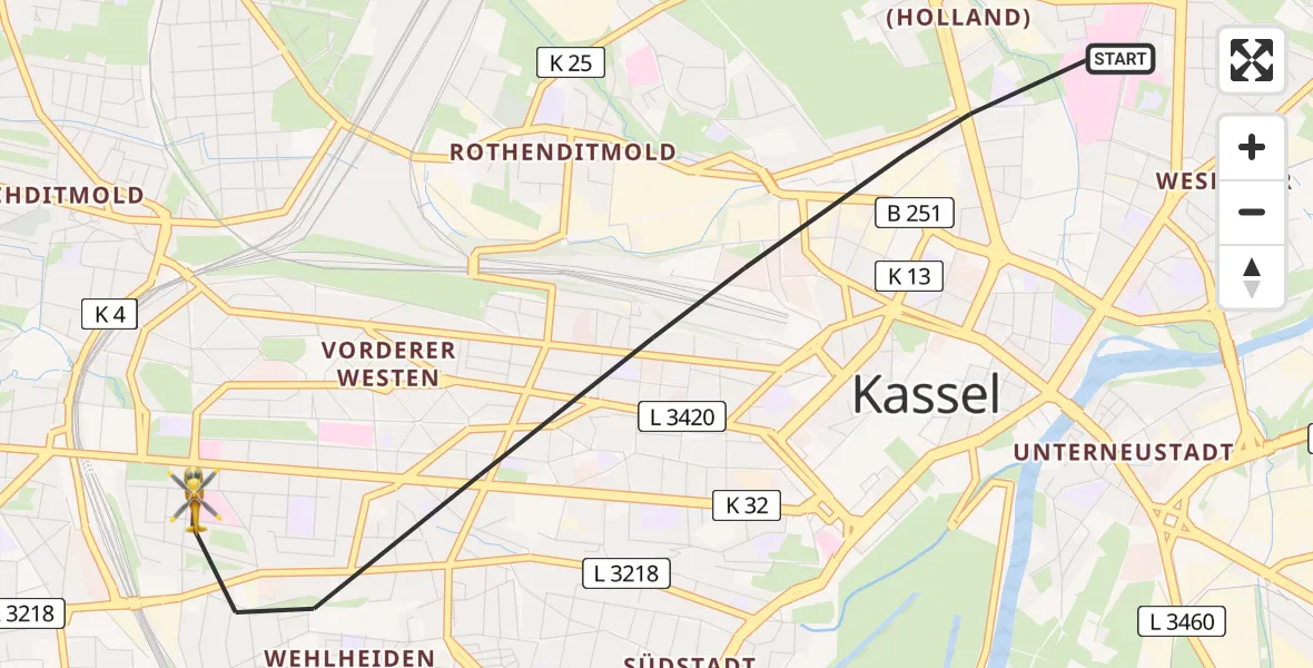 Flugroute Rettungshubschrauber Kassel - Kassel, 31 Juli 2026, 13:44