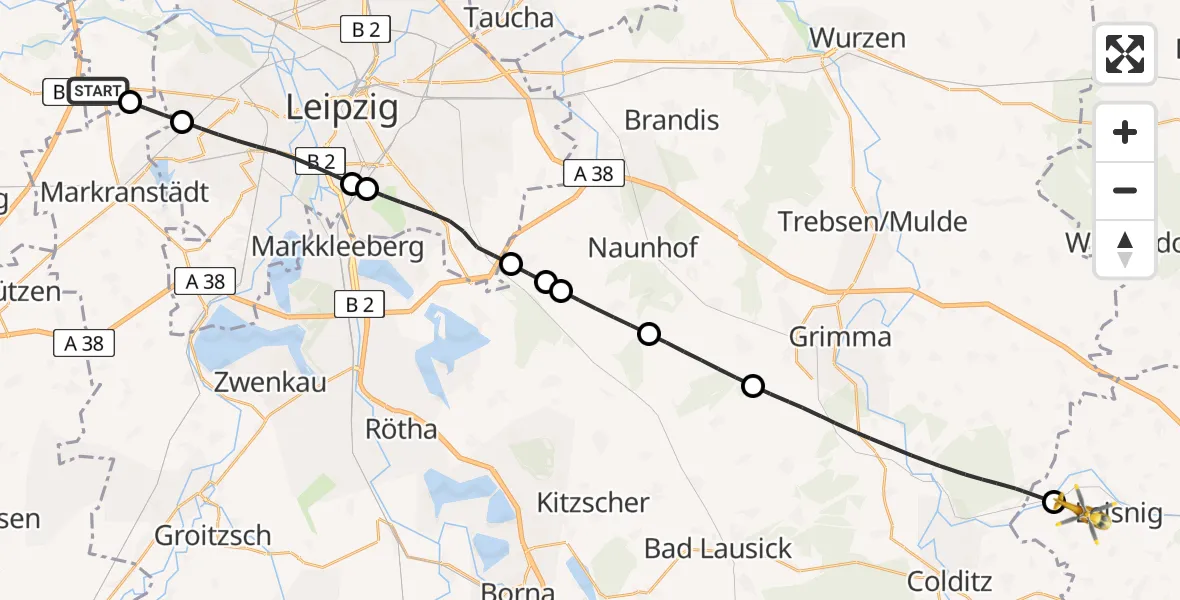 Flugroute Rettungshubschrauber Schkeuditz - Leisnig, 31 Juli 2026, 13:50