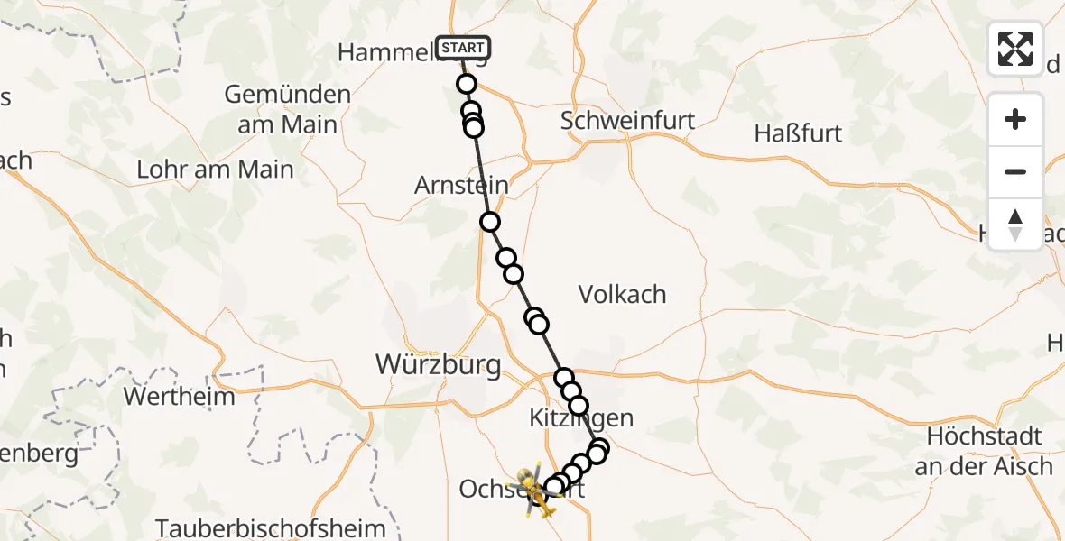 Flugroute Rettungshubschrauber Elfershausen - Ochsenfurt Hospital, 31 Juli 2026, 13:54