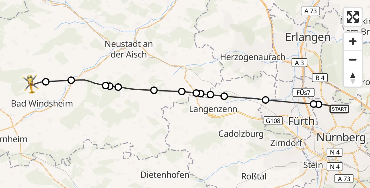 Flugroute Ambulanzhubschrauber Flughafen Nuremberg - Bad Windsheim, 31 Juli 2026, 13:57
