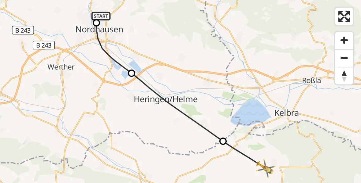 Flugroute Rettungshubschrauber Südharz Hospital Nordhausen - Kyffhäuserland, 31 Juli 2026, 14:05