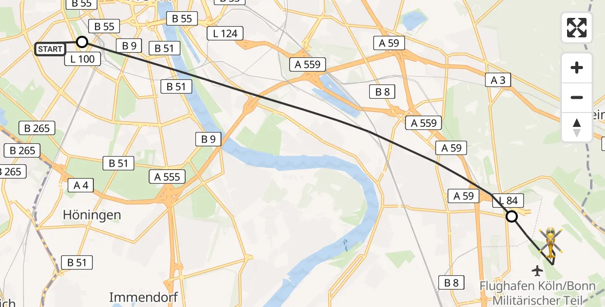Flugroute Ambulanzhubschrauber Köln University Hospital - Köln Bonn Flughafen, 31 Juli 2026, 14:05