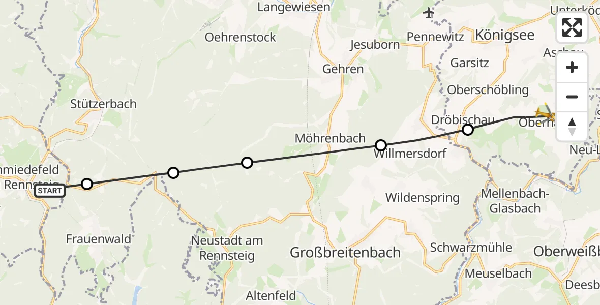 Flugroute Rettungshubschrauber Suhl - Königsee, 31 Juli 2026, 14:07