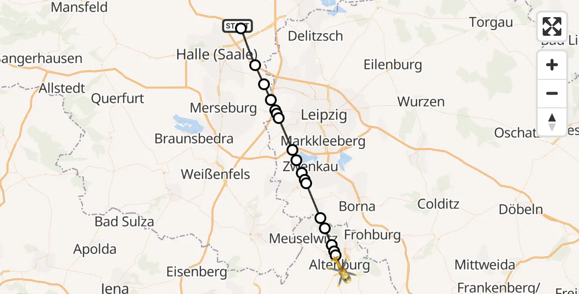 Flugroute Rettungshubschrauber Halle-Oppin Flugplatz - Altenburg, 31 Juli 2026, 14:07