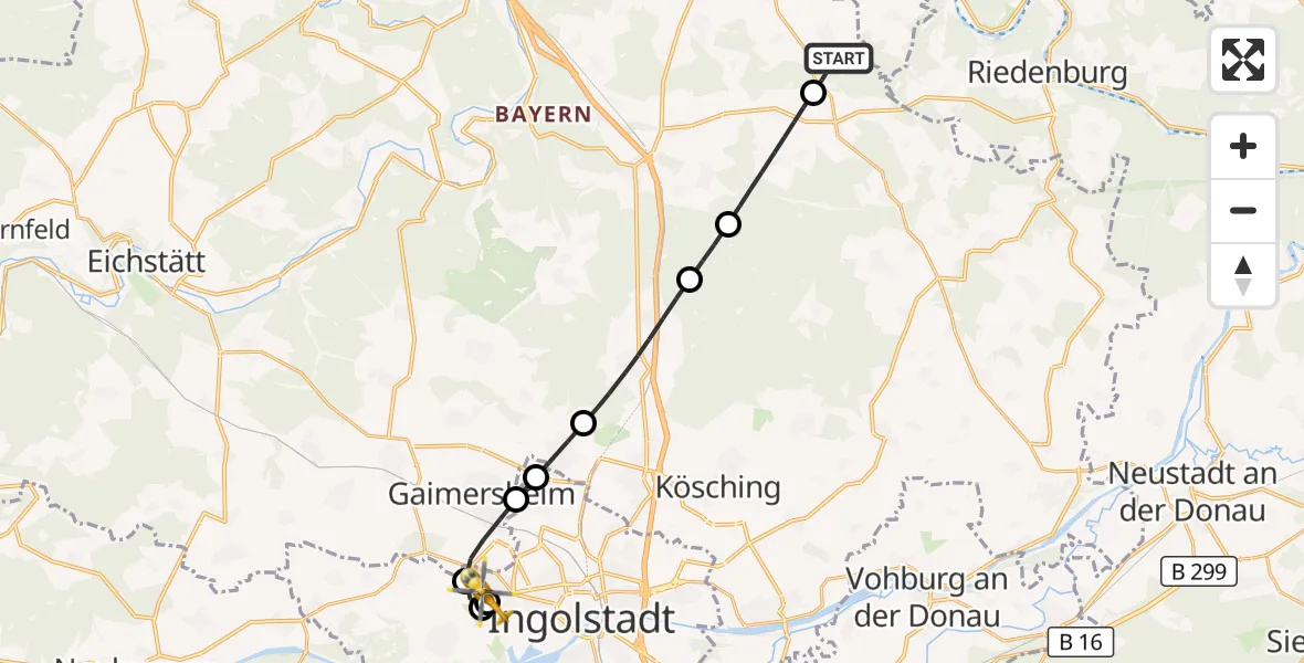 Flugroute Rettungshubschrauber Beilngries - Ingolstadt Hospital, 31 Juli 2026, 14:10