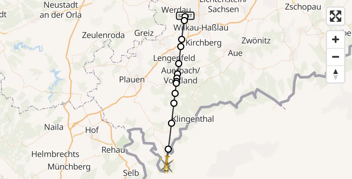 Flugroute Rettungshubschrauber ADAC Air Rescue Station Zwickau Hubschrauberlandeplatz - Bad Brambach, 31 Juli 2026, 14:10