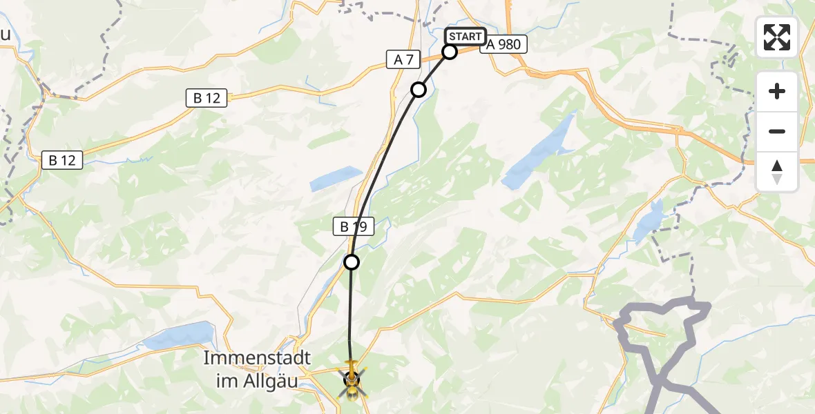 Flugroute Rettungshubschrauber Kempten-Durach Flugplatz - Agathazell Flugplatz, 31 Juli 2026, 14:19