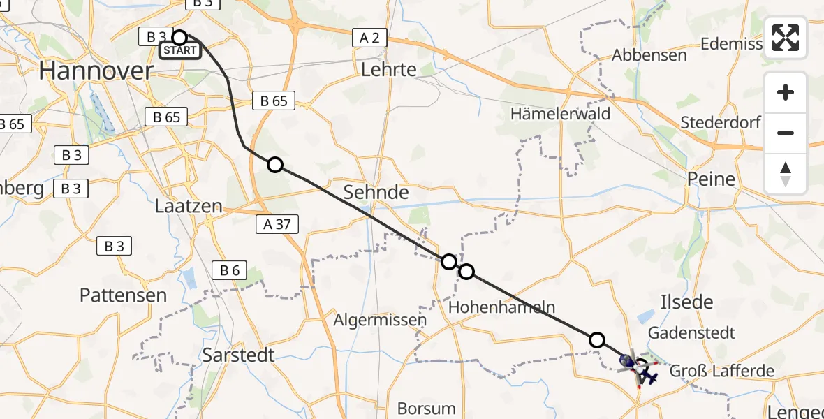 Flugroute Polizeihubschrauber Hannover Luftrettung Hubschrauberlandeplatz (Christoph 4) - Söhlde, 31 Juli 2026, 14:22