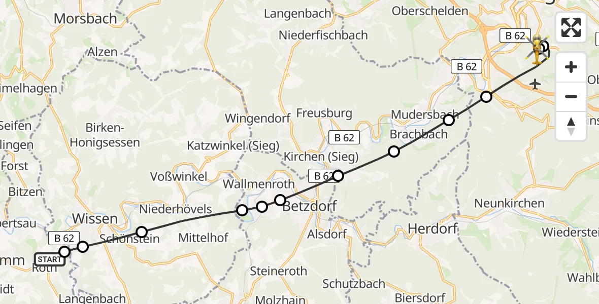 Flugroute Rettungshubschrauber Etzbach - Evangelisches Jung-Stilling Hospital, 31 Juli 2026, 14:24