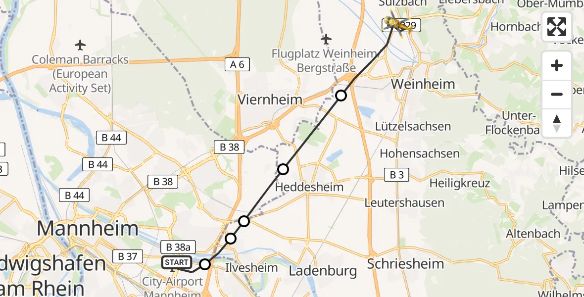 Flugroute Rettungshubschrauber Mannheim-City Flughafen - Weinheim, 31 Juli 2026, 14:24