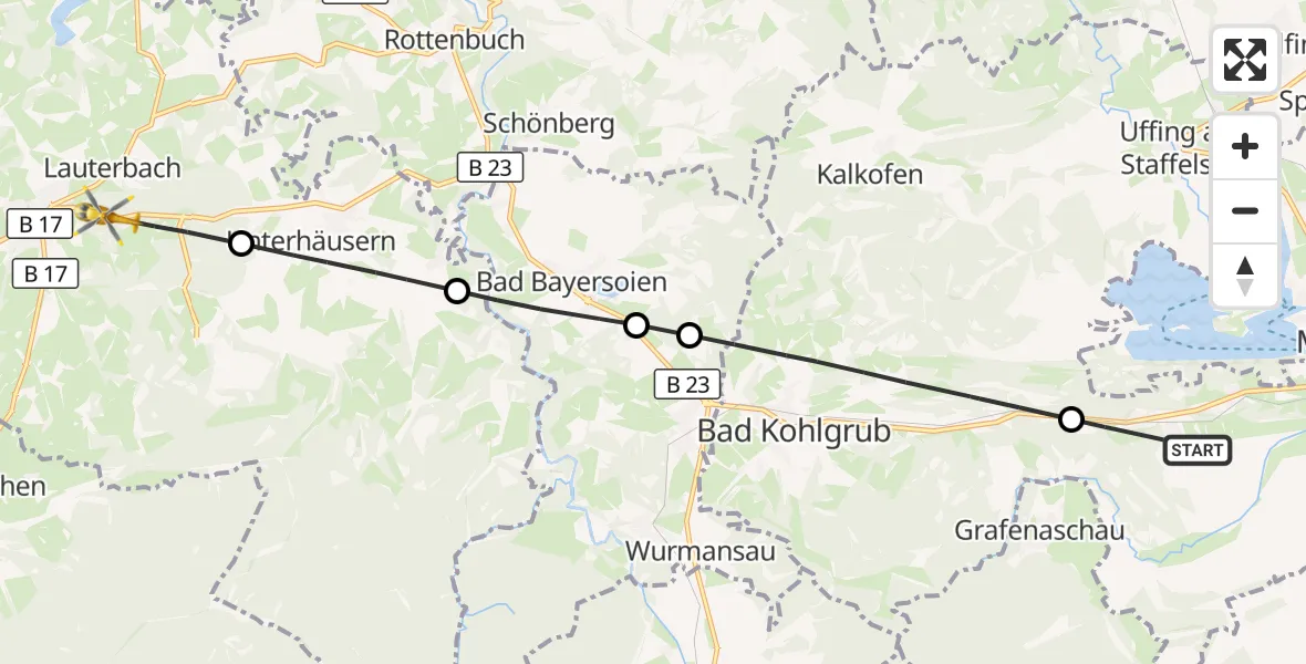 Flugroute Rettungshubschrauber Murnau a.Staffelsee - Steingaden, 31 Juli 2026, 14:25