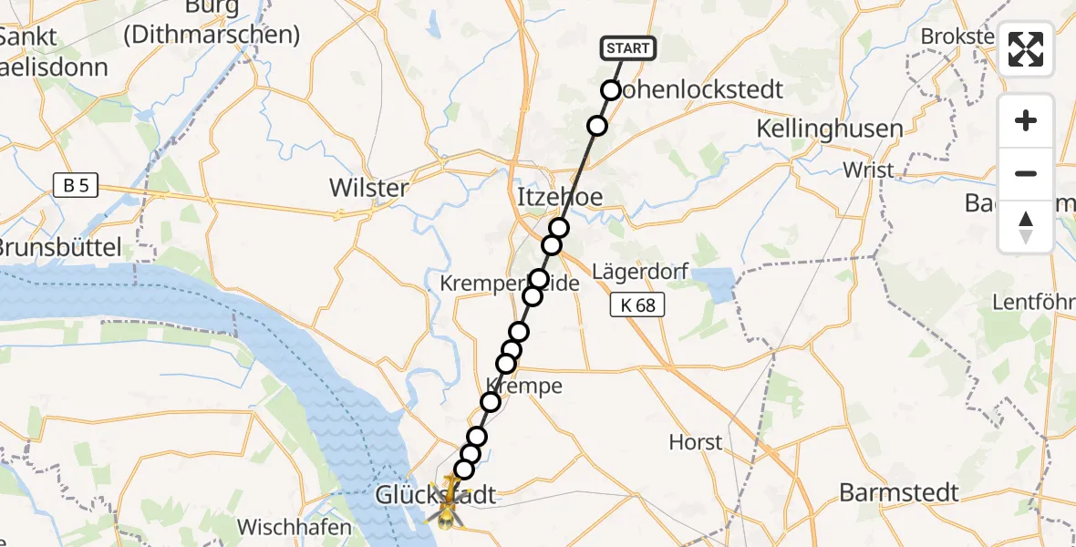 Flugroute Rettungshubschrauber Hohenlockstedt - Glückstadt, 31 Juli 2026, 14:25