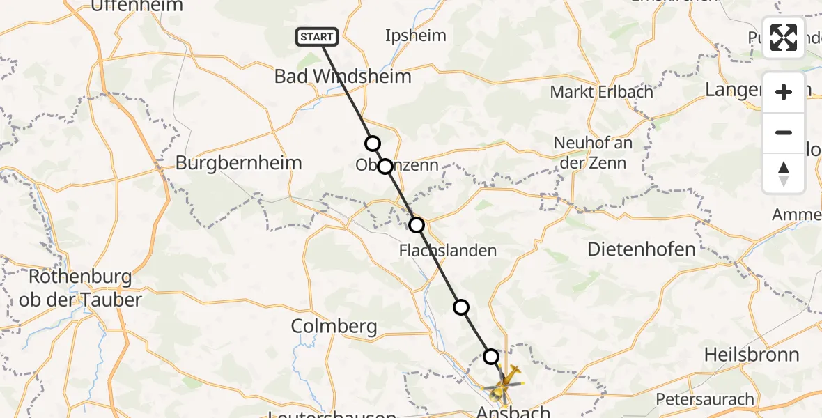 Flugroute Ambulanzhubschrauber Bad Windsheim - Ansbach, 31 Juli 2026, 14:35