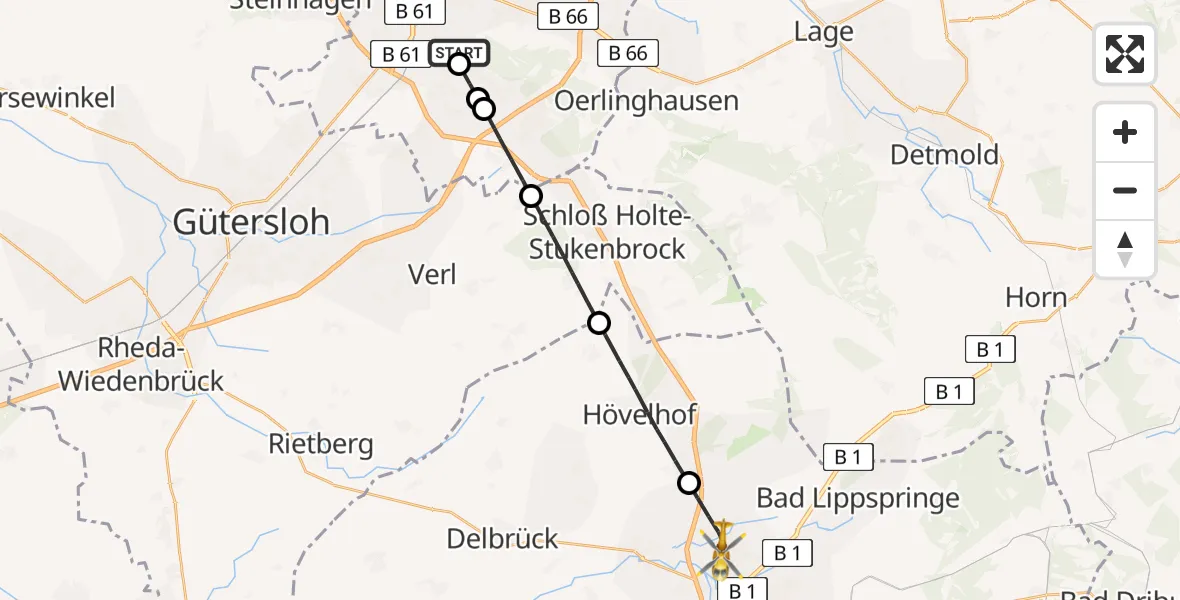 Flugroute Rettungshubschrauber Luftrettungszentrum Bielefeld - Paderborn, 31 Juli 2026, 14:37
